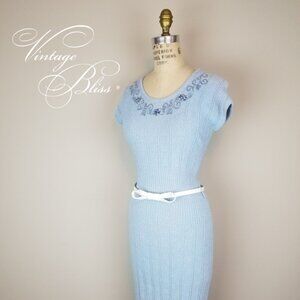 Vintage 1940's Powder Blue Knit Wiggle Pencil Dress with Embroidered Details